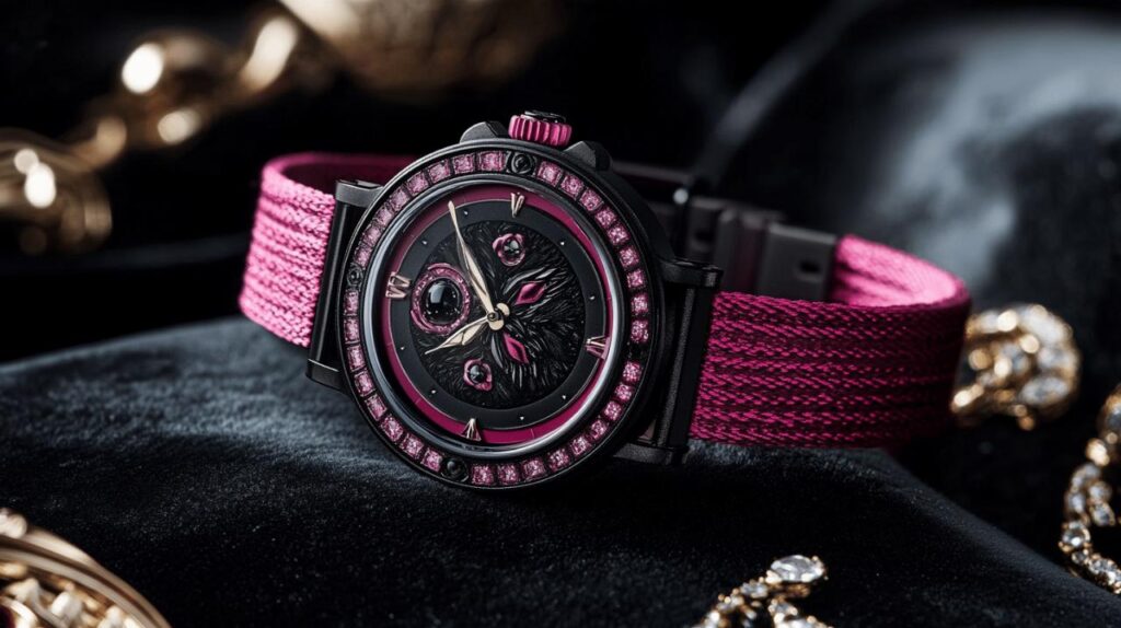 Montre Hibou Quartz Elastique Noir & Rose : L’Accessoire Tendance qui s’Adapte a Tous les Poignets Fins